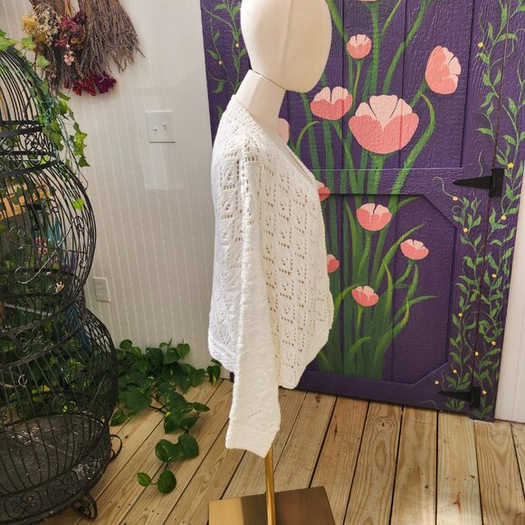 Vintage 80's - 90's White Cotton Oversized Dolman Sleeve Cardigan Sweater - Picture 4 of 15